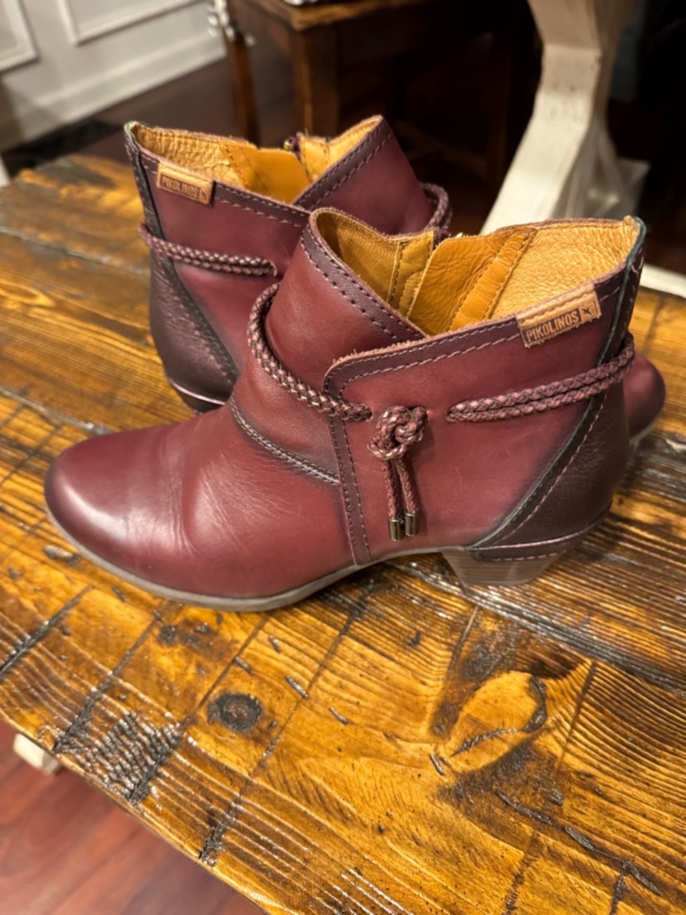 PIKOLINOS Burgundy Leather Braided Tassel Ankle Boots size 37/7